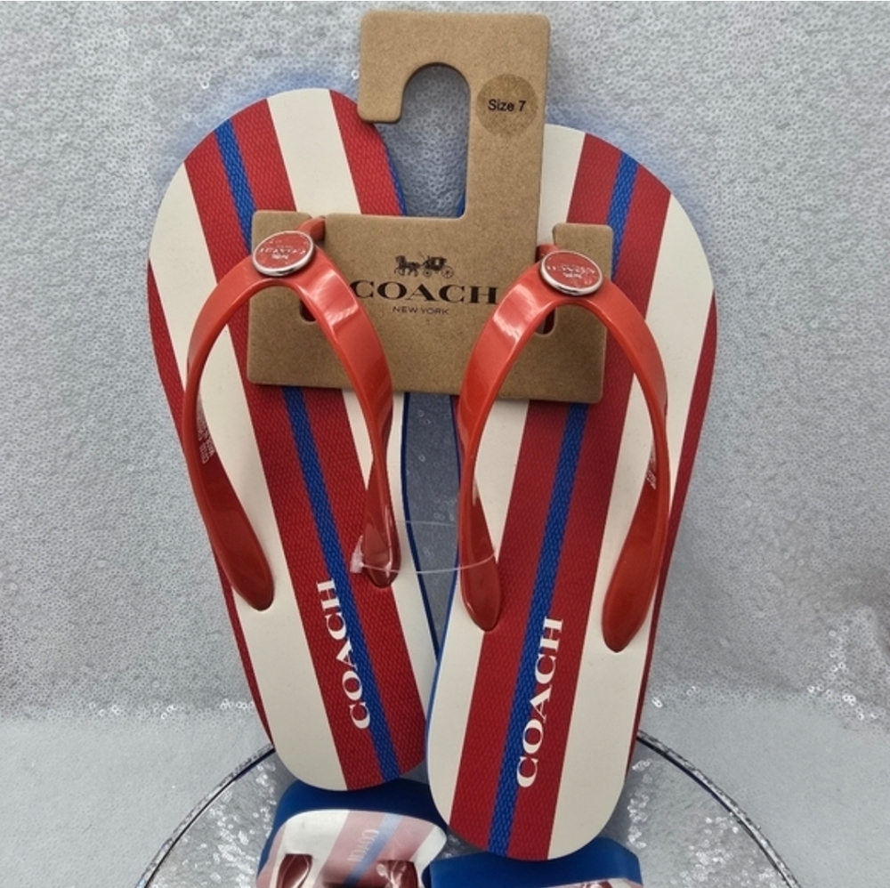 Coach Zayn Flip Flop Stripe Print Red White Blue Slip-on Casual